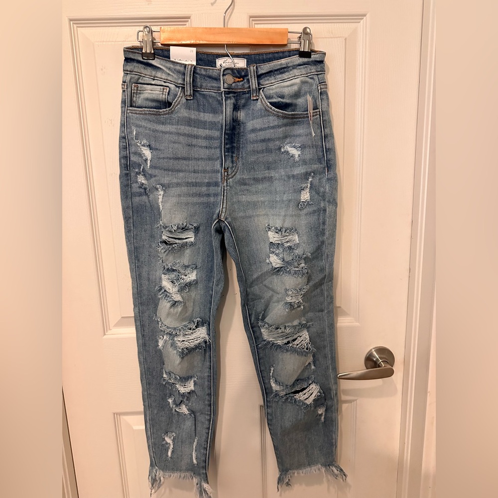Buckle Blue Boyfriend Jeans with Distressed Vintage Look